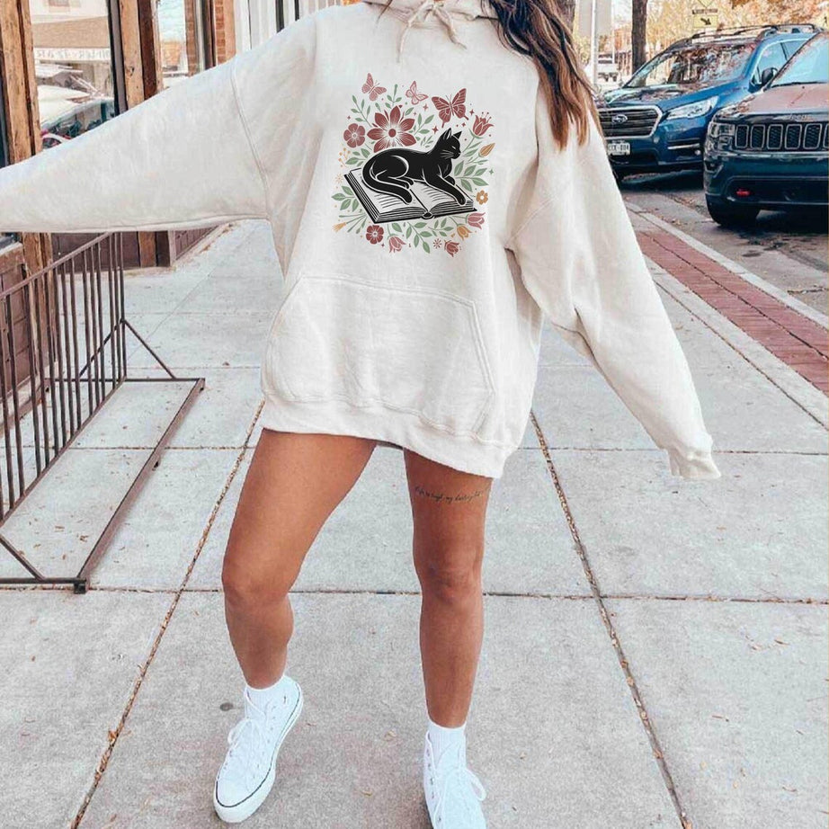 Floral Cat Hoodie, Cat Lover Shirt, Cat Book Shirt, Cat Lover Gift, Gift for Her, Cat Mom Shirt Gift, Cute Cat Shirts, Cute Book Cat Shirt