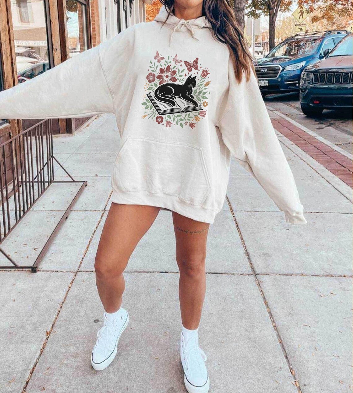 Floral Cat Hoodie, Cat Lover Shirt, Cat Book Shirt, Cat Lover Gift, Gift for Her, Cat Mom Shirt Gift, Cute Cat Shirts, Cute Book Cat Shirt