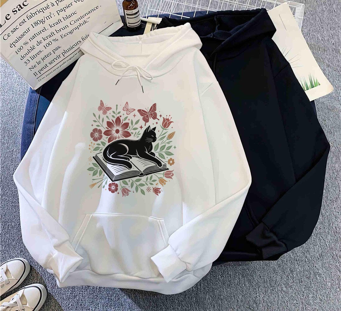 Floral Cat Hoodie, Cat Lover Shirt, Cat Book Shirt, Cat Lover Gift, Gift for Her, Cat Mom Shirt Gift, Cute Cat Shirts, Cute Book Cat Shirt