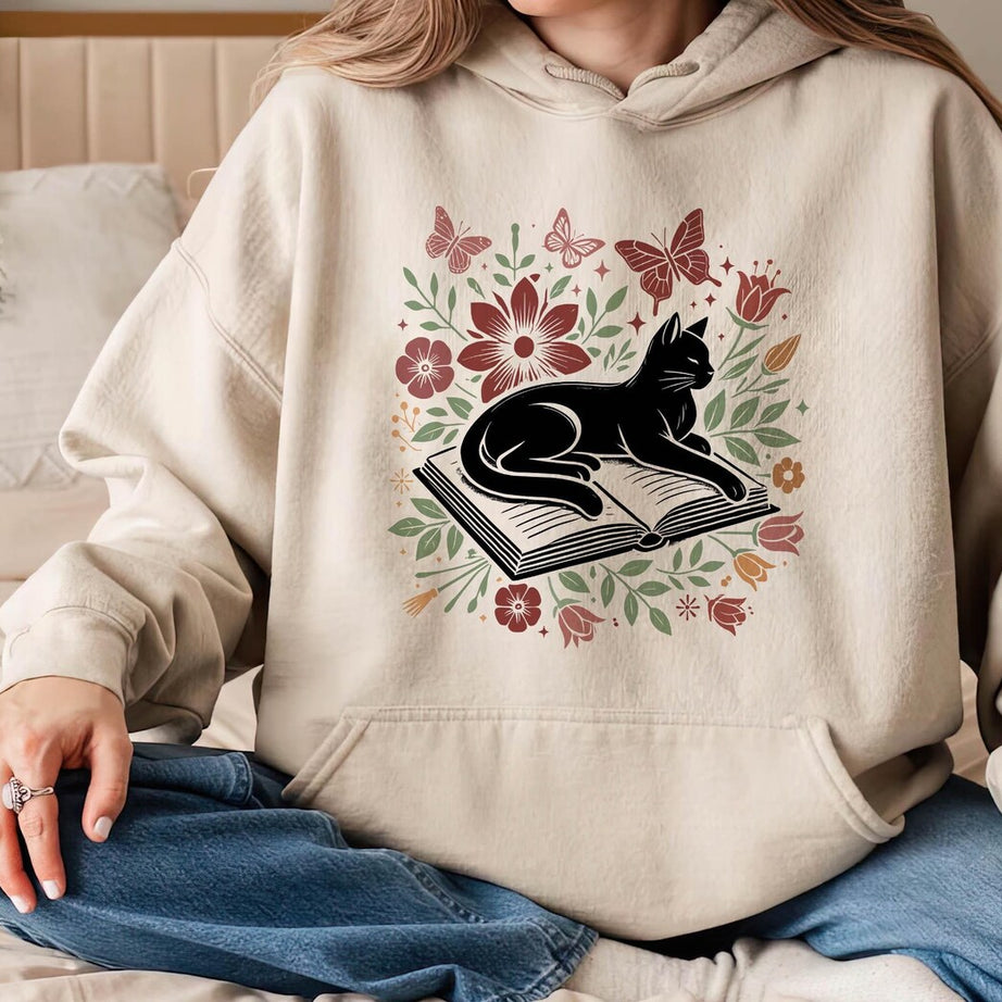 Floral Cat Hoodie, Cat Lover Shirt, Cat Book Shirt, Cat Lover Gift, Gift for Her, Cat Mom Shirt Gift, Cute Cat Shirts, Cute Book Cat Shirt