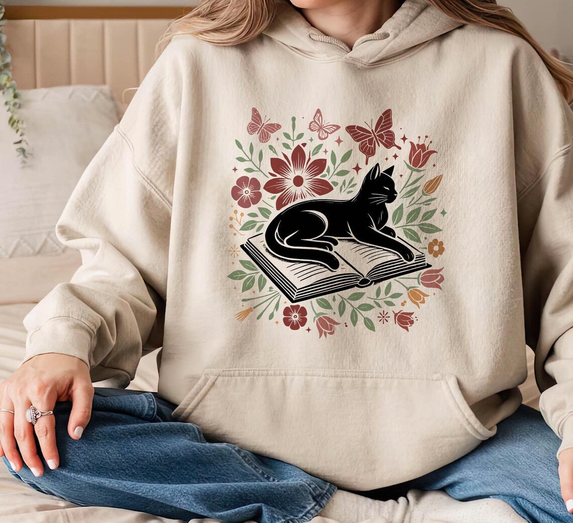 Floral Cat Hoodie, Cat Lover Shirt, Cat Book Shirt, Cat Lover Gift, Gift for Her, Cat Mom Shirt Gift, Cute Cat Shirts, Cute Book Cat Shirt