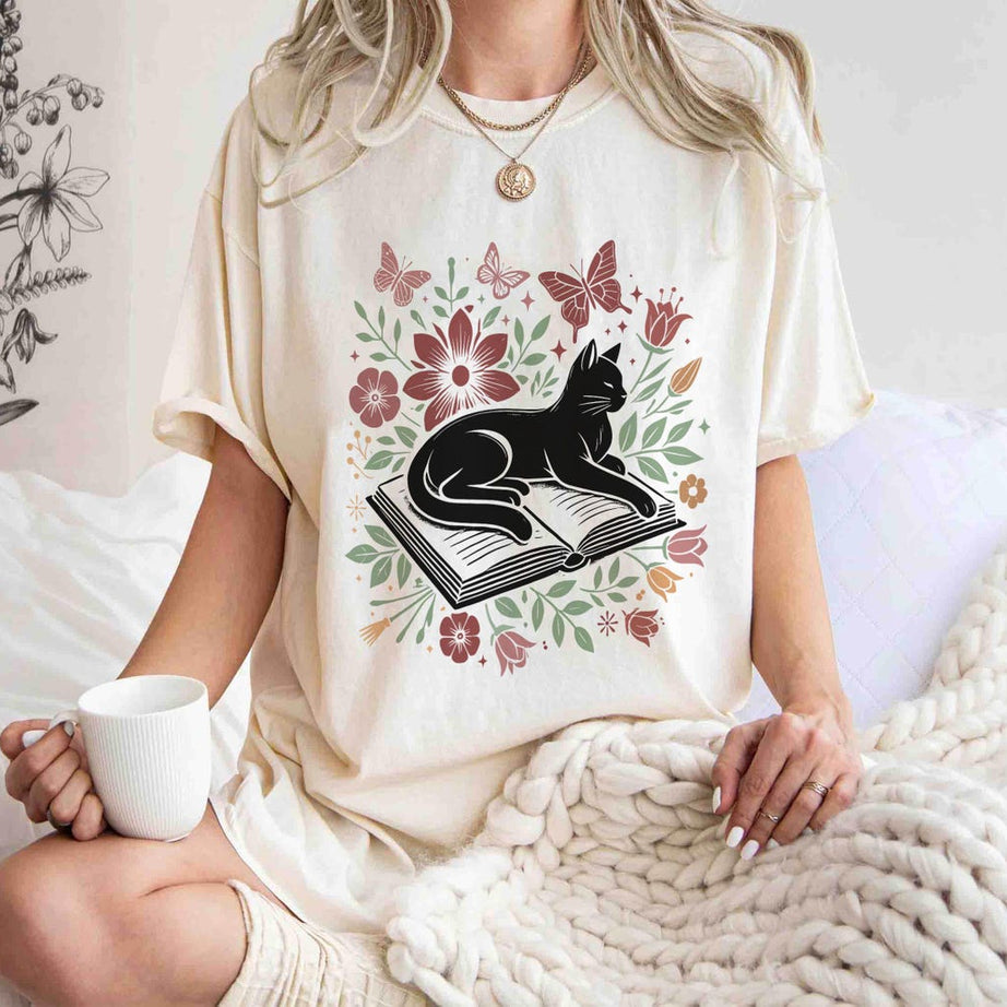 Floral Cat Shirt, Cat Lover Shirt, Cat Book Shirt, Cat Lover Gift, Gift for Her, Cat Mom Shirt Gift, Cute Cat Shirts, Cute Book Cat Shirt