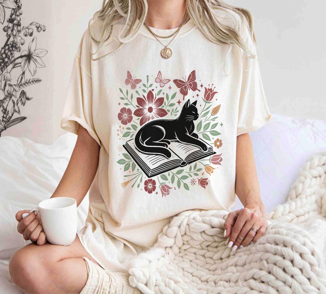 Floral Cat Shirt, Cat Lover Shirt, Cat Book Shirt, Cat Lover Gift, Gift for Her, Cat Mom Shirt Gift, Cute Cat Shirts, Cute Book Cat Shirt