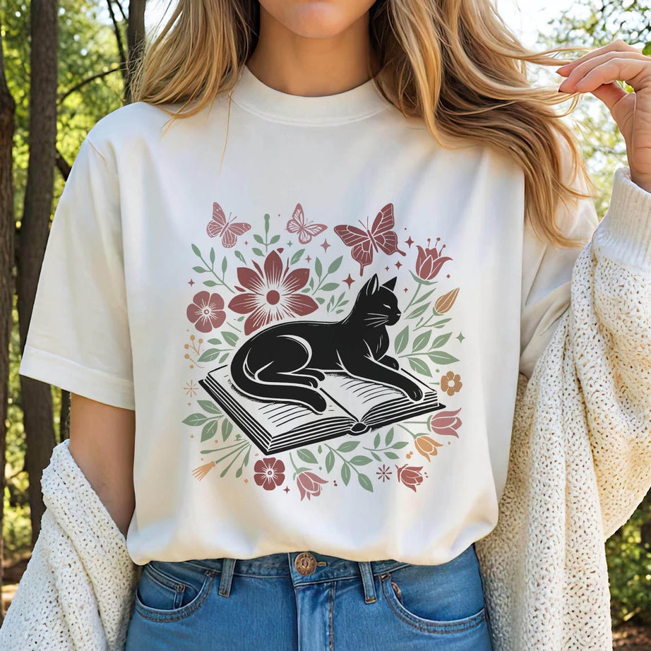 Floral Cat Shirt, Cat Lover Shirt, Cat Book Shirt, Cat Lover Gift, Gift for Her, Cat Mom Shirt Gift, Cute Cat Shirts, Cute Book Cat Shirt