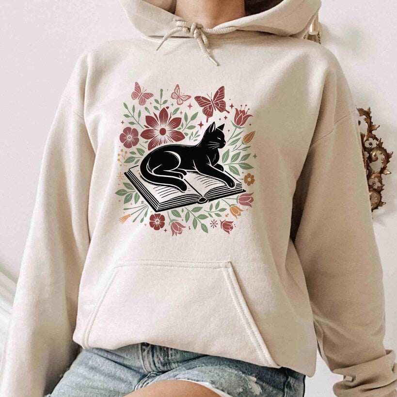 Floral Cat Hoodie, Cat Lover Shirt, Cat Book Shirt, Cat Lover Gift, Gift for Her, Cat Mom Shirt Gift, Cute Cat Shirts, Cute Book Cat Shirt