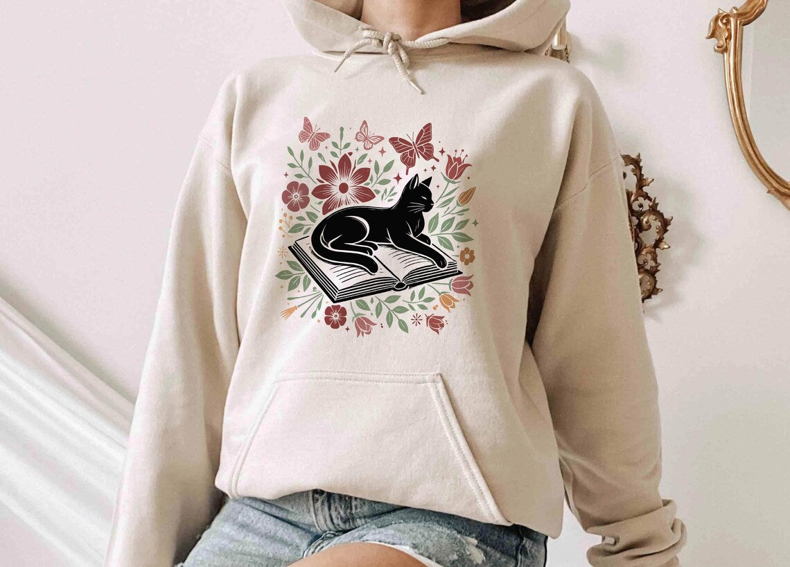 Floral Cat Hoodie, Cat Lover Shirt, Cat Book Shirt, Cat Lover Gift, Gift for Her, Cat Mom Shirt Gift, Cute Cat Shirts, Cute Book Cat Shirt